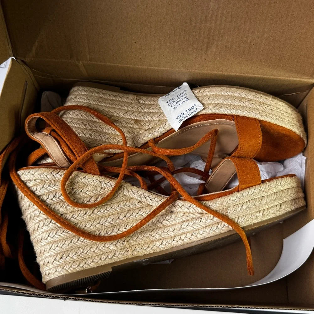 Espadrille Lace-Up Wedge Sandals Brown Suede Strappy Platform Size 9.5